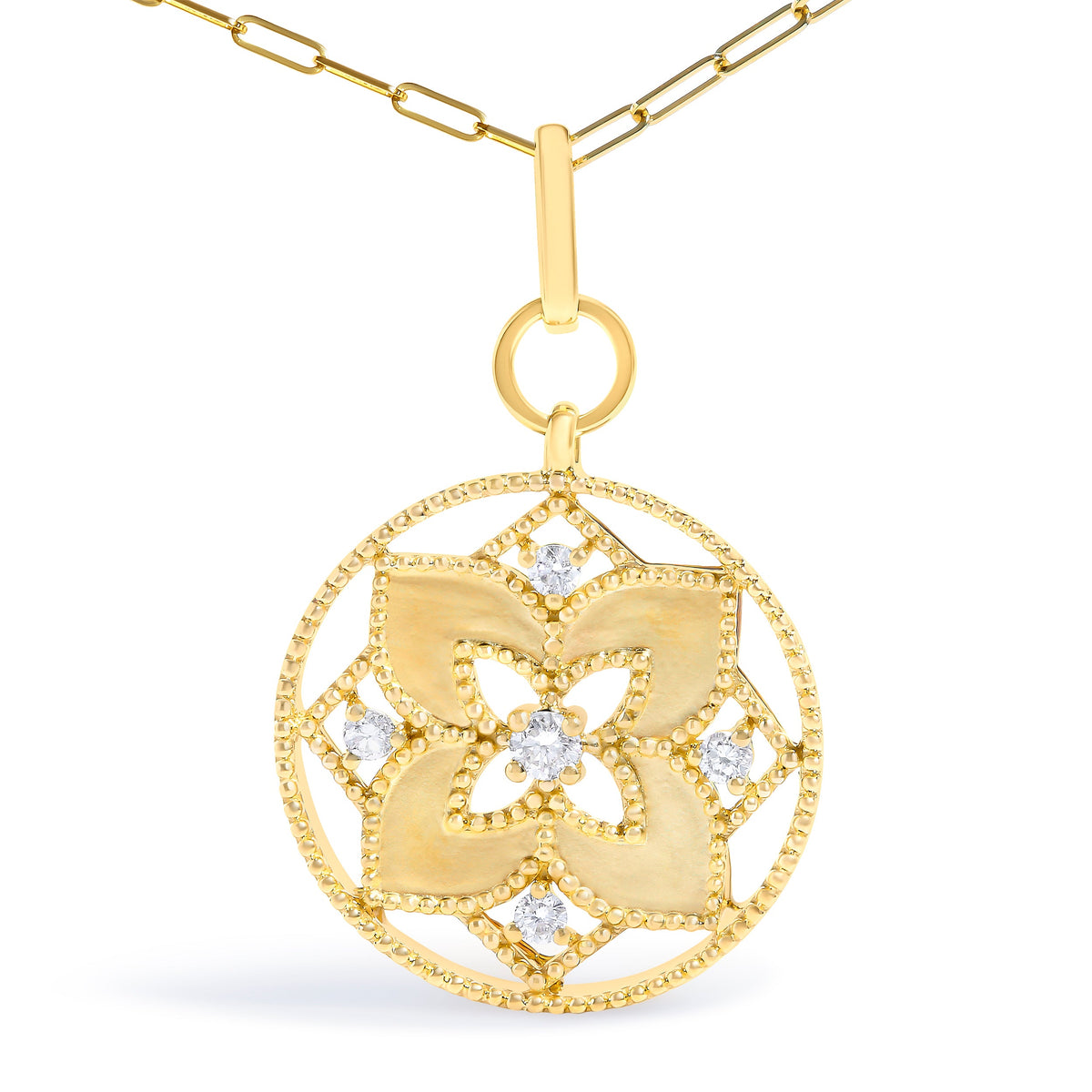 14K Yellow Gold 1/4 Cttw Diamond Star Flower Medallion Pendant Necklace