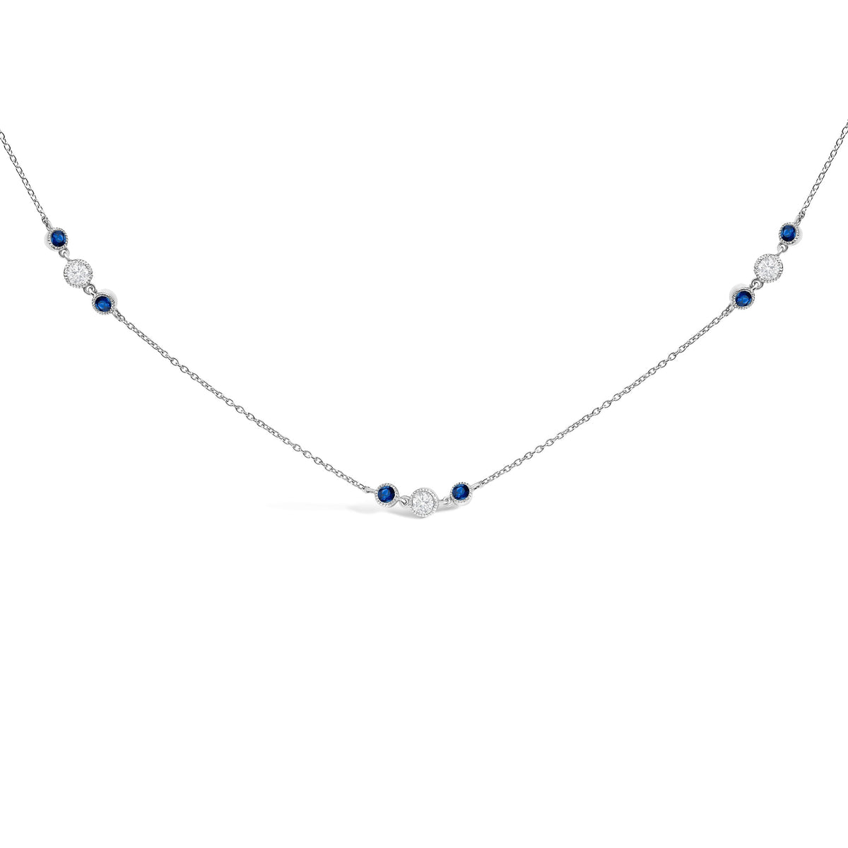 14K White Gold Sapphire and 1/2 Cttw Diamond Station Necklace