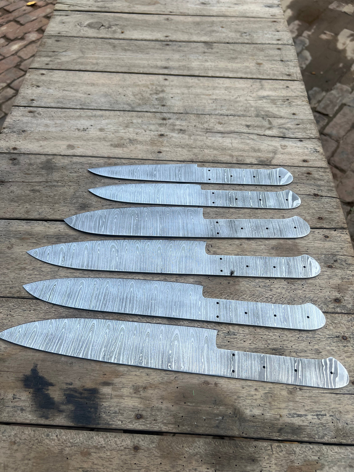 6-Piece Handmade Damascus Chef Knife Blank Set, Forged Steel Blades, Custom Knife Making Supply