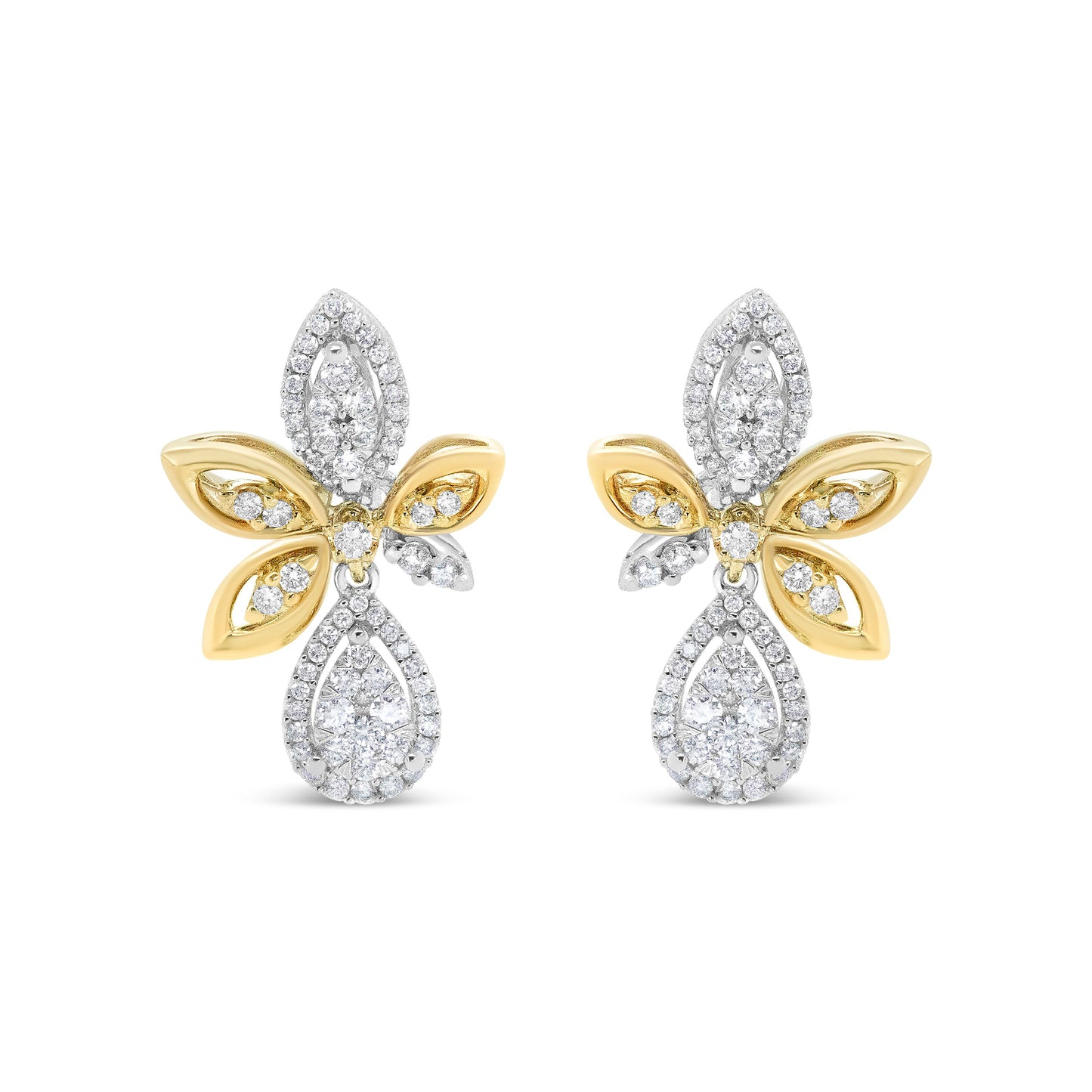 14K White and Yellow Gold 1.00 Cttw Round Pave-Set Diamond Teardrop and Marquise Shape Drop Dangle Earrings (H-I Color, SI1-SI2 Clarity)