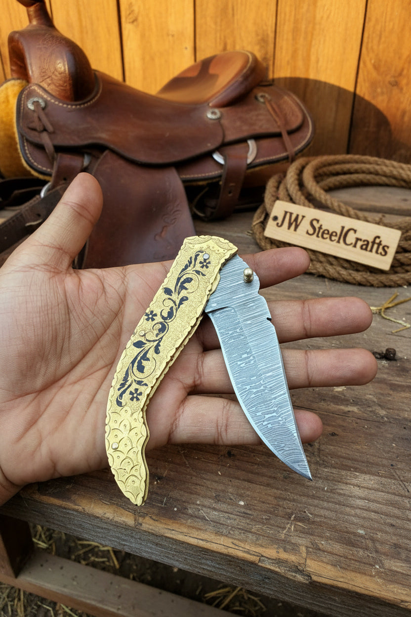 Calligraphy Engraved Brass Folder Knife 10" Handmade Damascus Blade