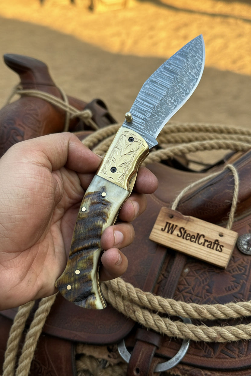 Stagline Damascus Folder 7" Handmade Horn Handle Damascus Bolster