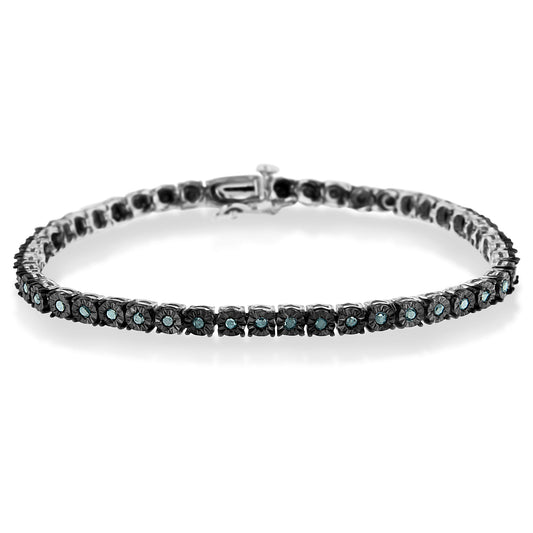 Black Rhodium Plated .925 Sterling Silver 1.0 Cttw Diamond Miracle Tennis Bracelet (Enhanced Blue Color, I3 Clarity) - 7"