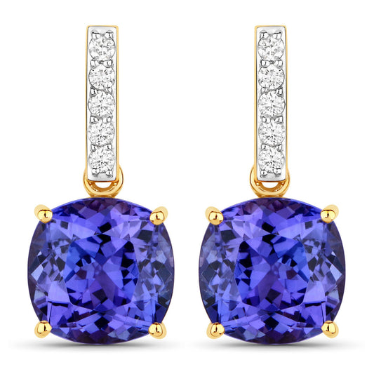 5.64 Carat Genuine Tanzanite and White Diamond 14K Yellow Gold Earrings