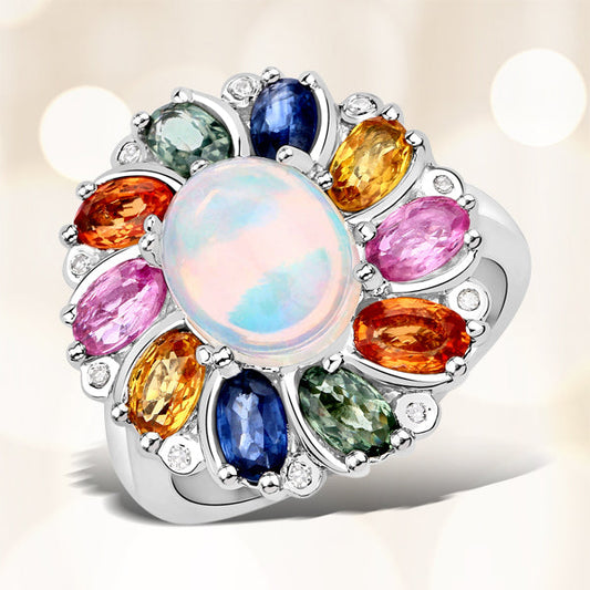 3.92 Carat Genuine Ethiopian Opal, Multi Sapphire and White Diamond .925 Sterling Silver Ring