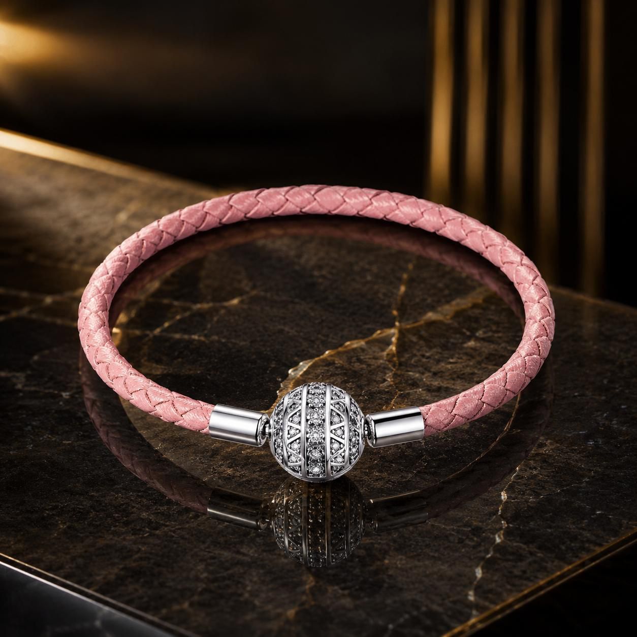 925 Sterling Silver Pavé Setting CZ Bracelet with Genuine Leather for Women