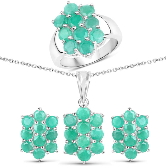 6.60 Carat Genuine Emerald .925 Sterling Silver 3 Piece Jewelry Set (Ring, Earrings, and Pendant w/ Chain)