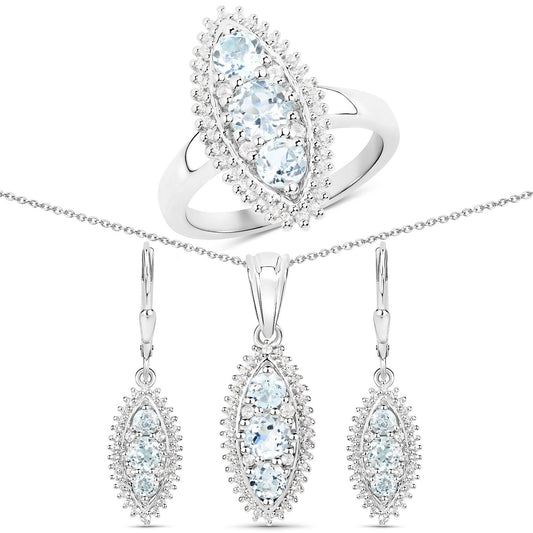 4.50 Carat Genuine Blue Topaz and White Topaz .925 Sterling Silver 3 Piece Jewelry Set (Ring, Earrings, and Pendant w/ Chain)