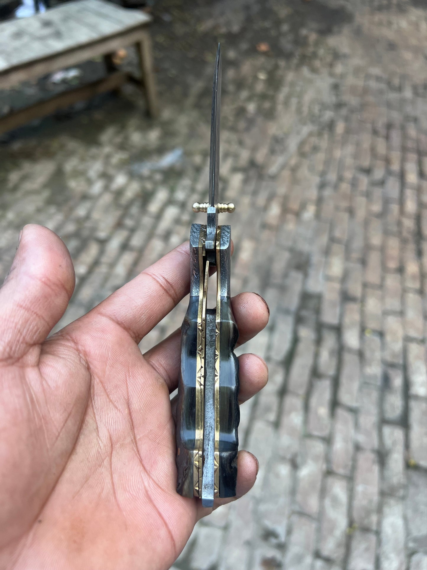 Grithorn Damascus Folder 7" Handmade Horn Handle Lock Back Mechanism