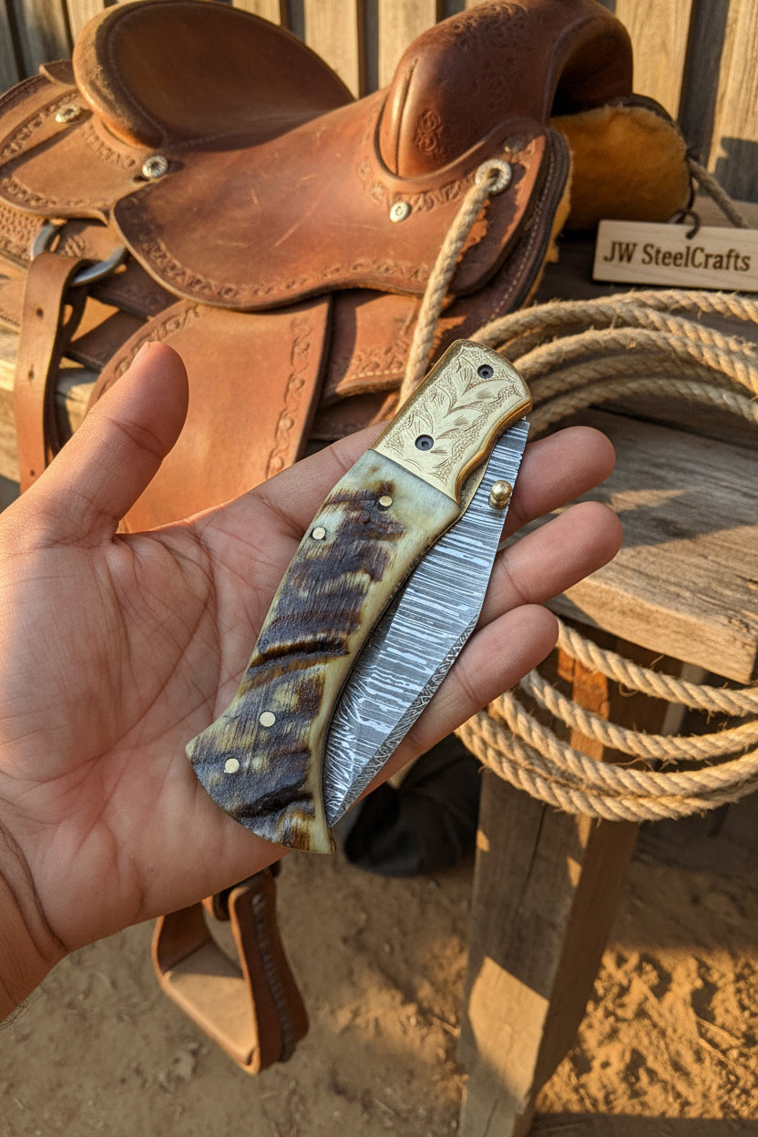 Stagline Damascus Folder 7" Handmade Horn Handle Damascus Bolster