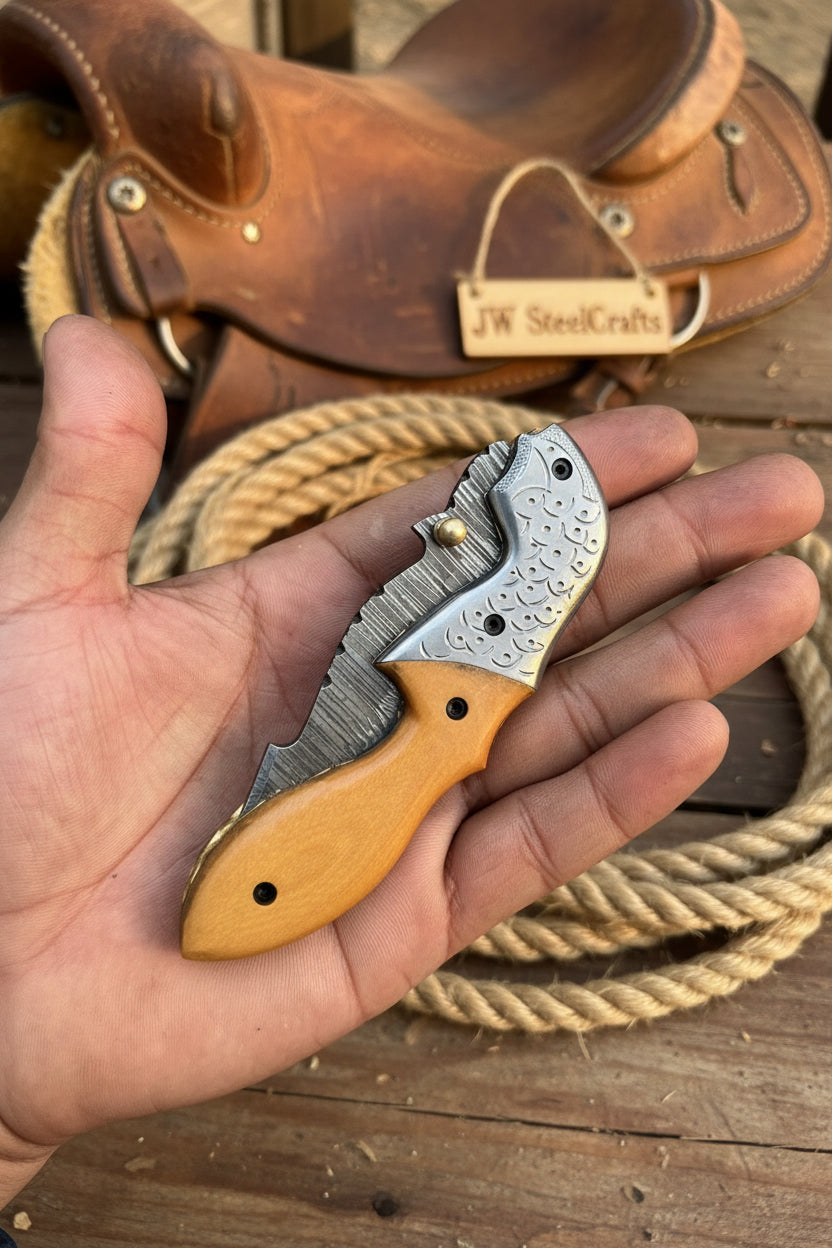 Honeywood Hawkbill Folder Knife 8" Handmade Wood Handle Damascus Blade