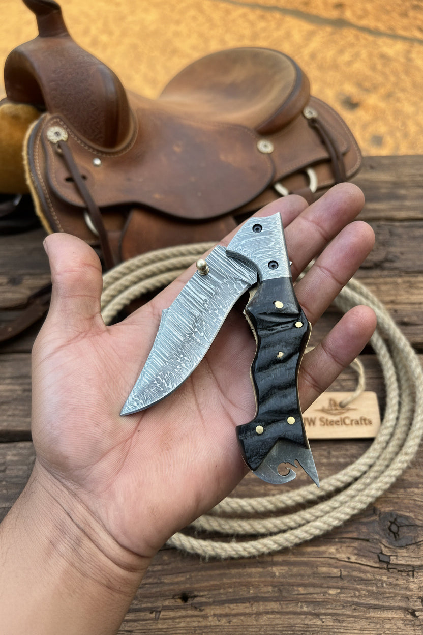 Grithorn Damascus Folder 7" Handmade Horn Handle Lock Back Mechanism