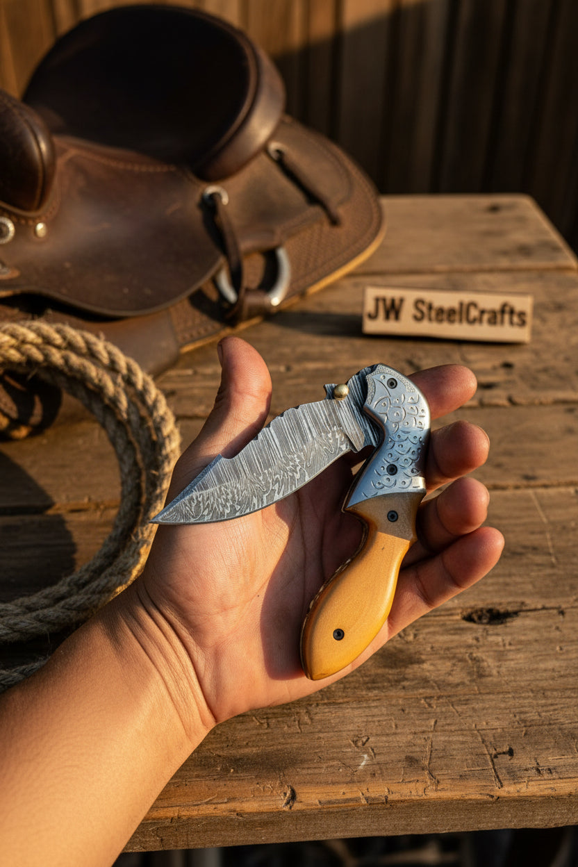 Honeywood Hawkbill Folder Knife 8" Handmade Wood Handle Damascus Blade