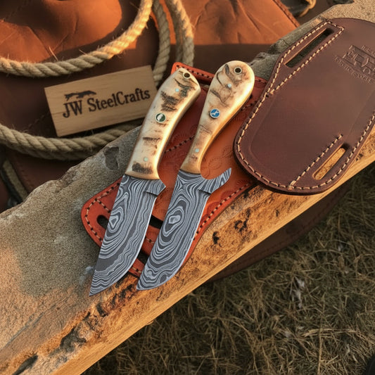 Turquoise Stag Skinner Duo 9" Handmade Damascus Natural Stag Horn