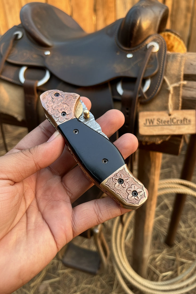 Duskhorn Damascus Folder 7.5" Handmade Micarta Handle Horn Bolster