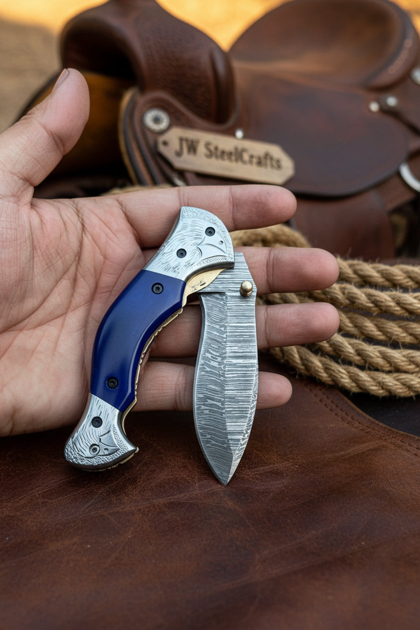 Silverline Ridge Curved Folder Knife 8" Handmade Damascus Steel Resin Handle