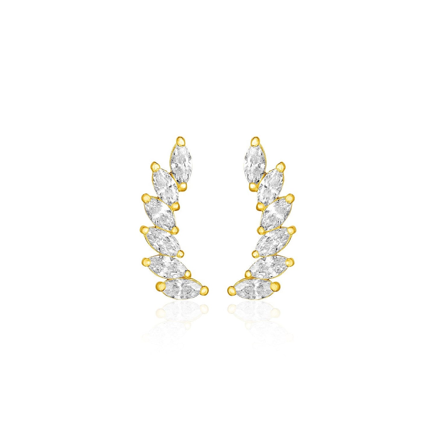 14k Yellow Gold Leaf Motif Climber Post Earrings with Marquise Cubic Zirconias