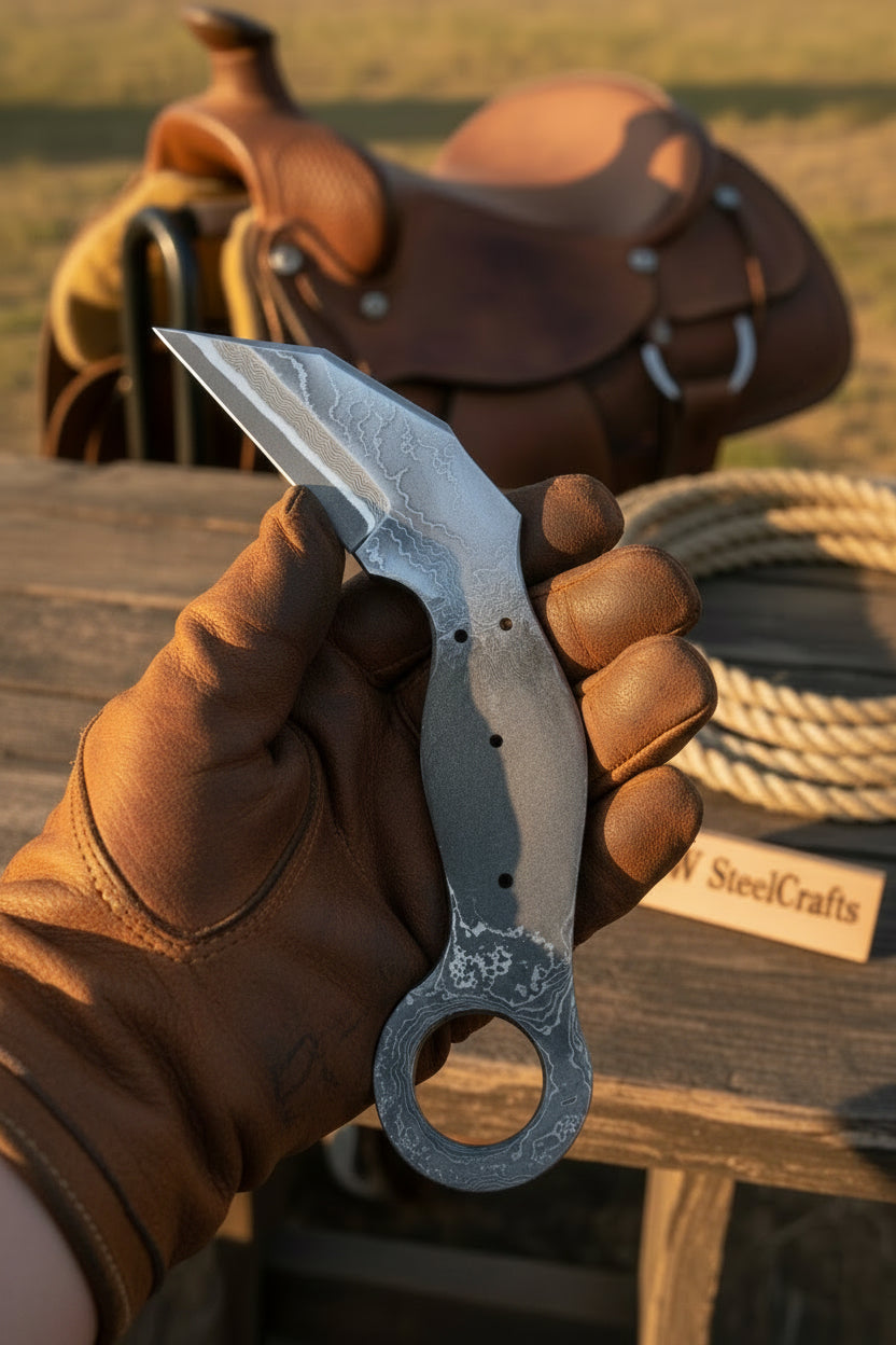 Rustler's Ring Karambit 5" Handmade Damascus Integral Handle