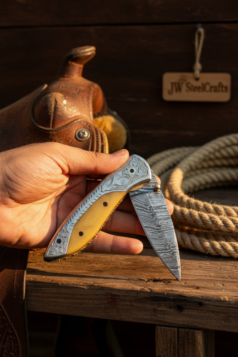 Boneridge Damascus Folder 7" Premium Bone Handle with Damascus Bolster