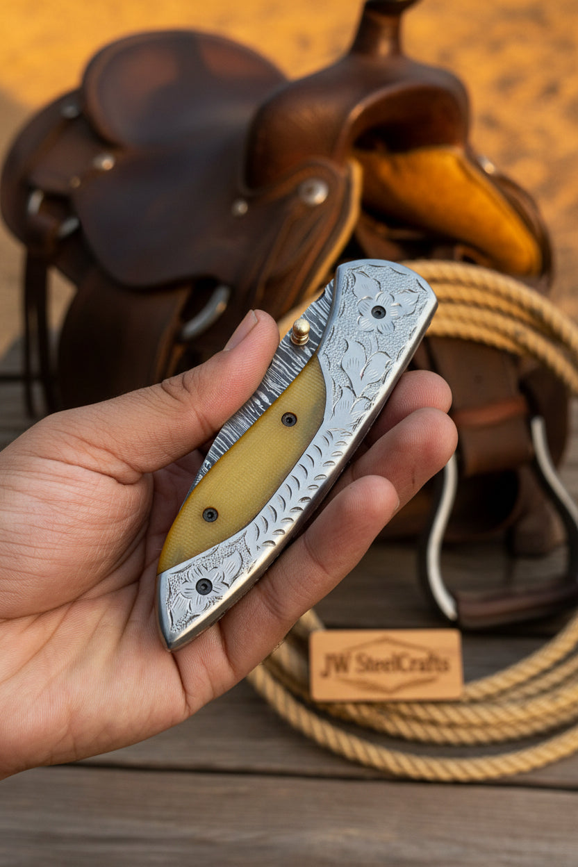 Boneridge Damascus Folder 7" Premium Bone Handle with Damascus Bolster
