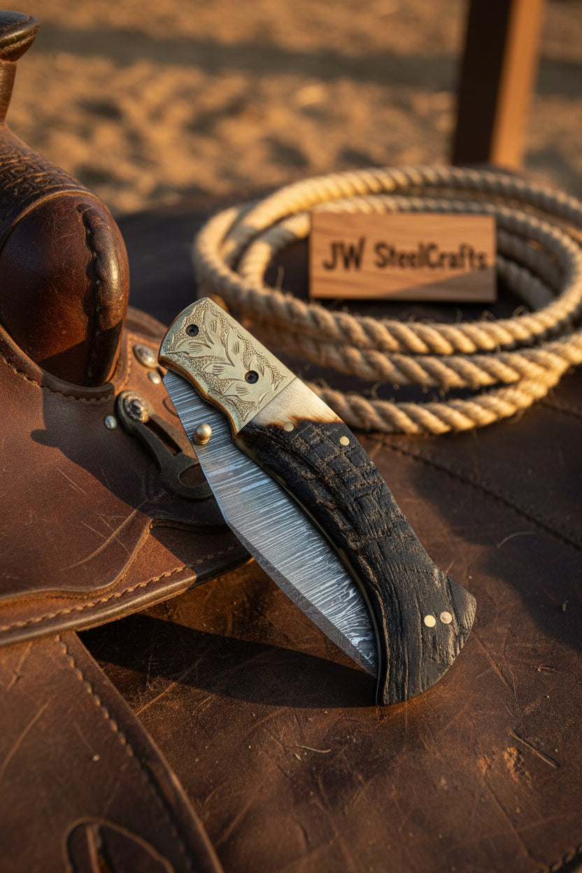 Stagline Damascus Folder 7" Handmade Horn Handle Damascus Bolster