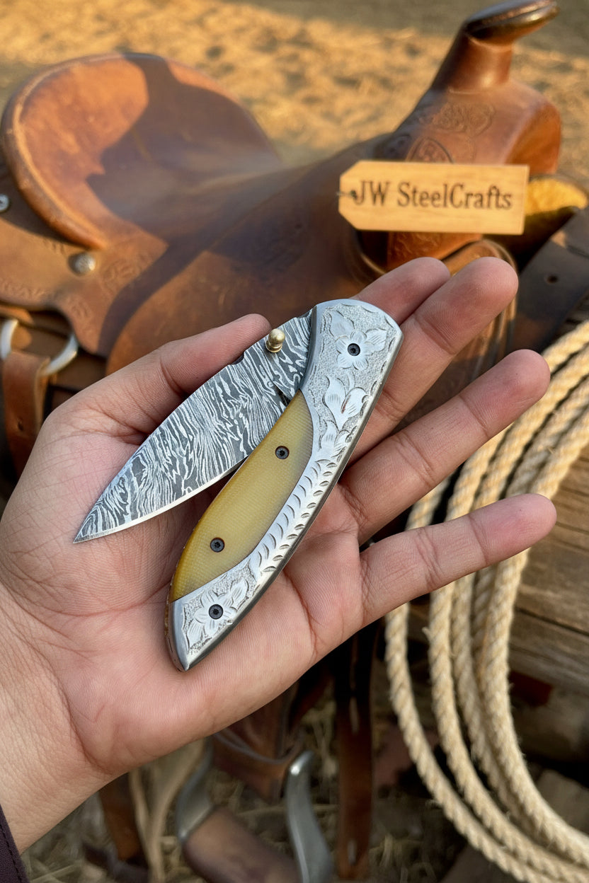 Boneridge Damascus Folder 7" Premium Bone Handle with Damascus Bolster