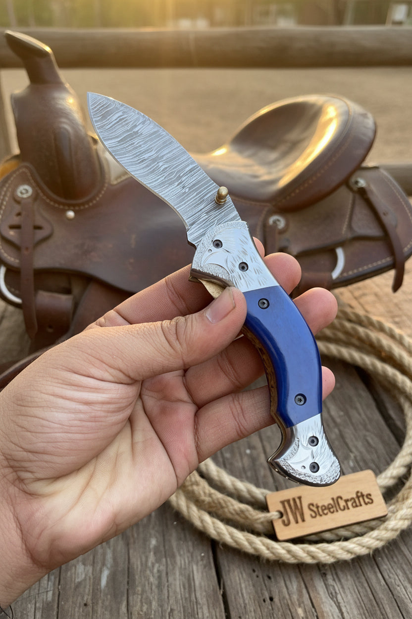Silverline Ridge Curved Folder Knife 8" Handmade Damascus Steel Resin Handle