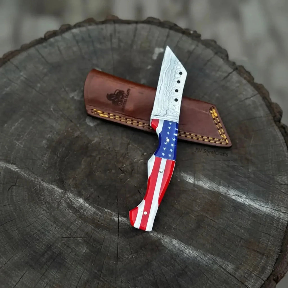 Damascus Tanto Fixed Blade Knife with American Flag Resin Handle, and Leather Sheath