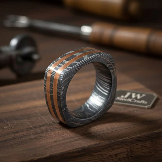 Square Damascus Copper Inlay Ring with Double Copper Lines