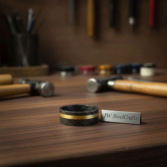 Black Damascus Offset Gold Inlay Ring with Asymmetric Gold Line