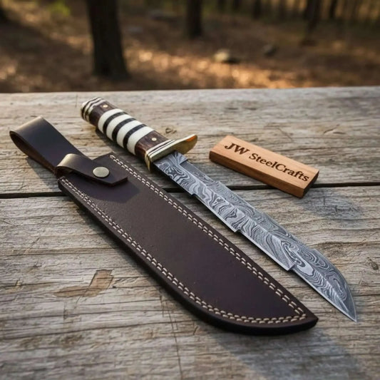 American Clip Point Bowie Knife with Damascus Steel Blade and Rosewood Handle