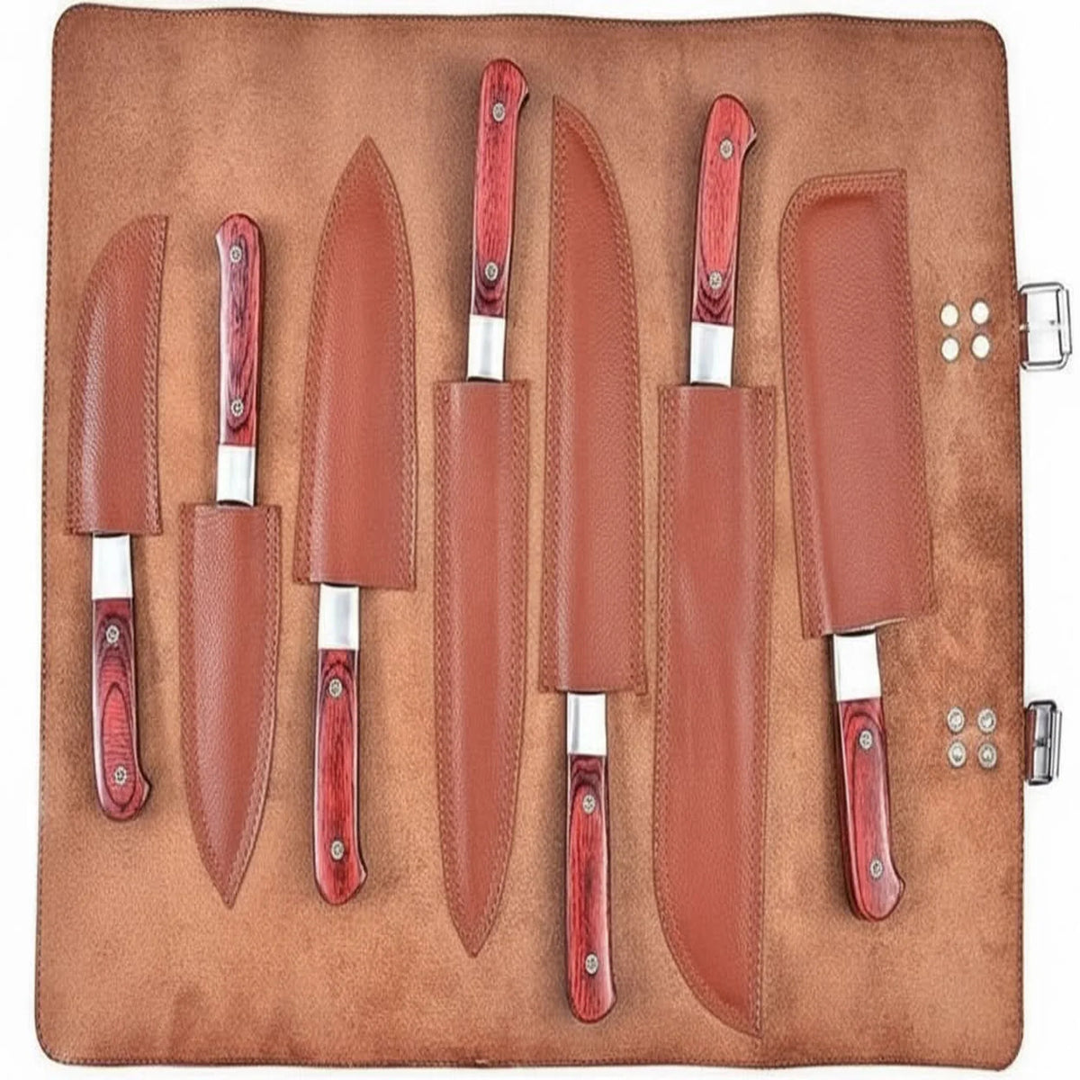 7-Piece Damascus Kitchen Knife Set Chef, Nakiri, Bread Knife and Cleaver, Red Pakka Wood Handles