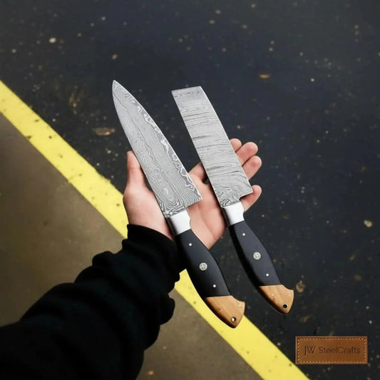 Twisted Damascus 12” Cleaver & 13” Chef Knife – Black Micarta and Olive Wood