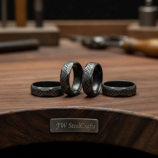 Black Damascus Steel Ring Lot with Hand Filed Texture
