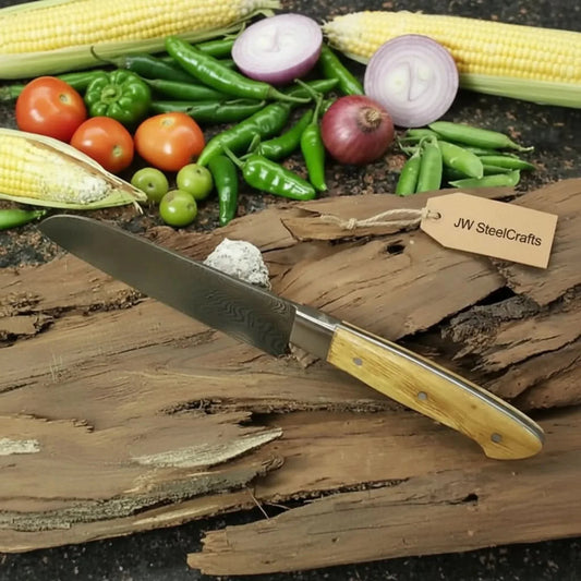 Full Tang Japanese Design Gyuto Knife – Handmade Damascus Chef Knife with Grey Wood Handle