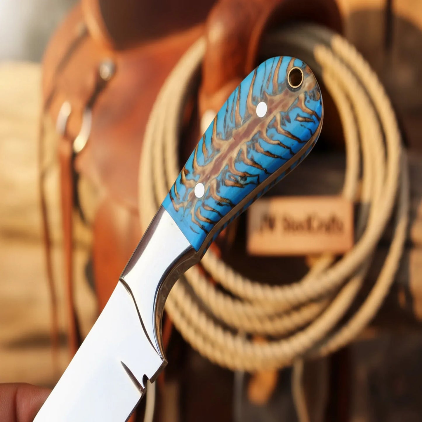 Sundance Turquoise Tracker Knife 10" Premium Hammered Damascus Tigerwood
