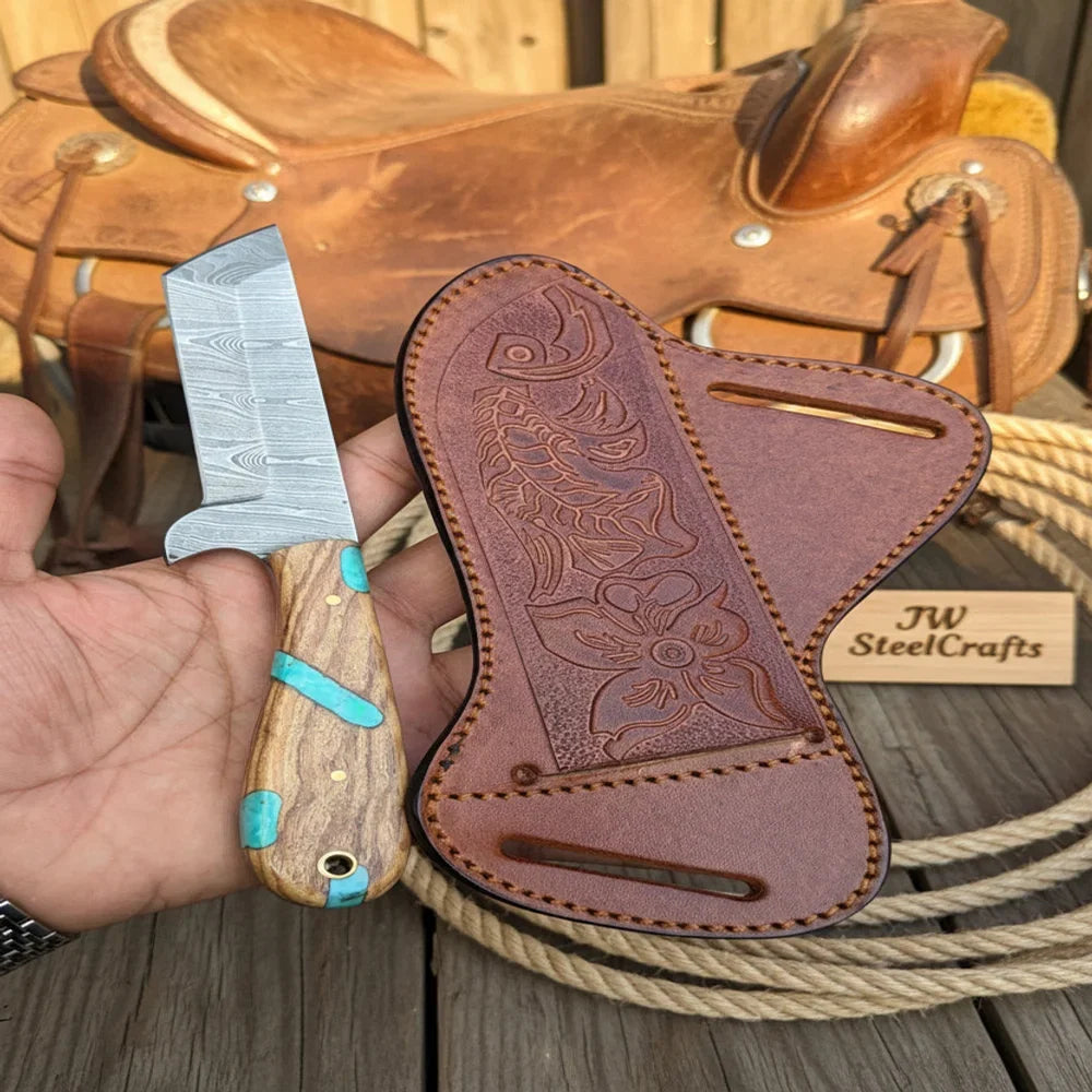Rancher's Bull Knife 6" Handmade Damascus Turquoise Accent Handle