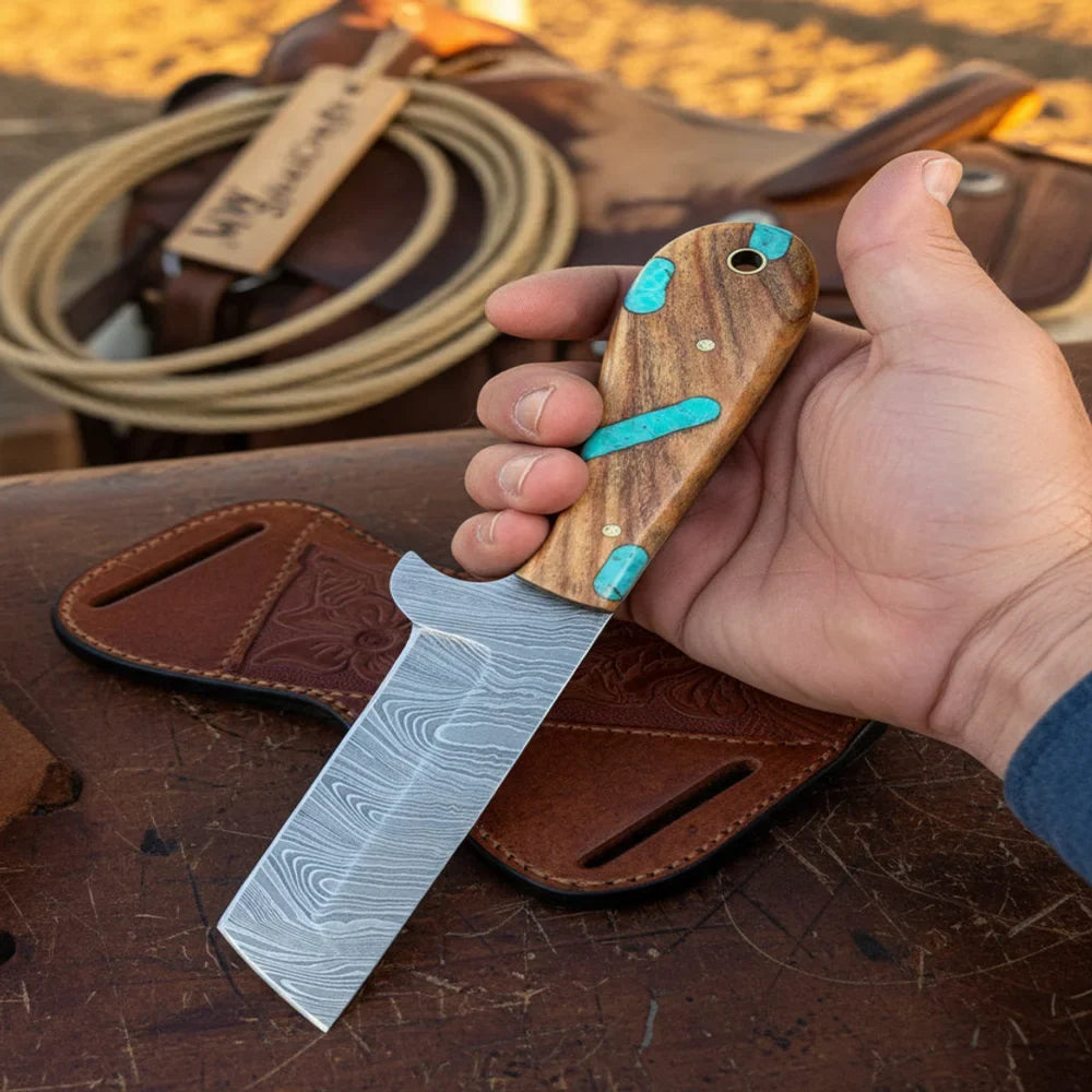 Rancher's Bull Knife 6" Handmade Damascus Turquoise Accent Handle
