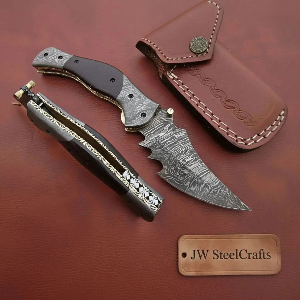Outback Tracker Damascus Folding Knife with Jimped Spine