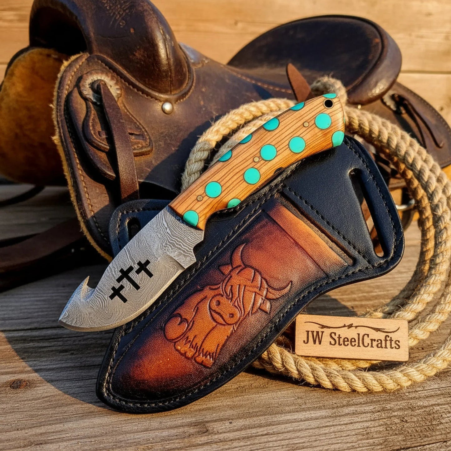 Faith Ridge Hook Skinner Knife 7" Damascus Blade with Cross Engraving, Stag Horn Handle