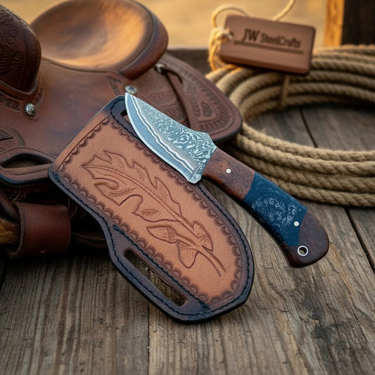 San Mai Damascus Skinner Knife with Wood Resin Handle