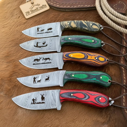 5 Piece Damascus Skinner Knife Set with Engraved Blades and Multicolor Handles
