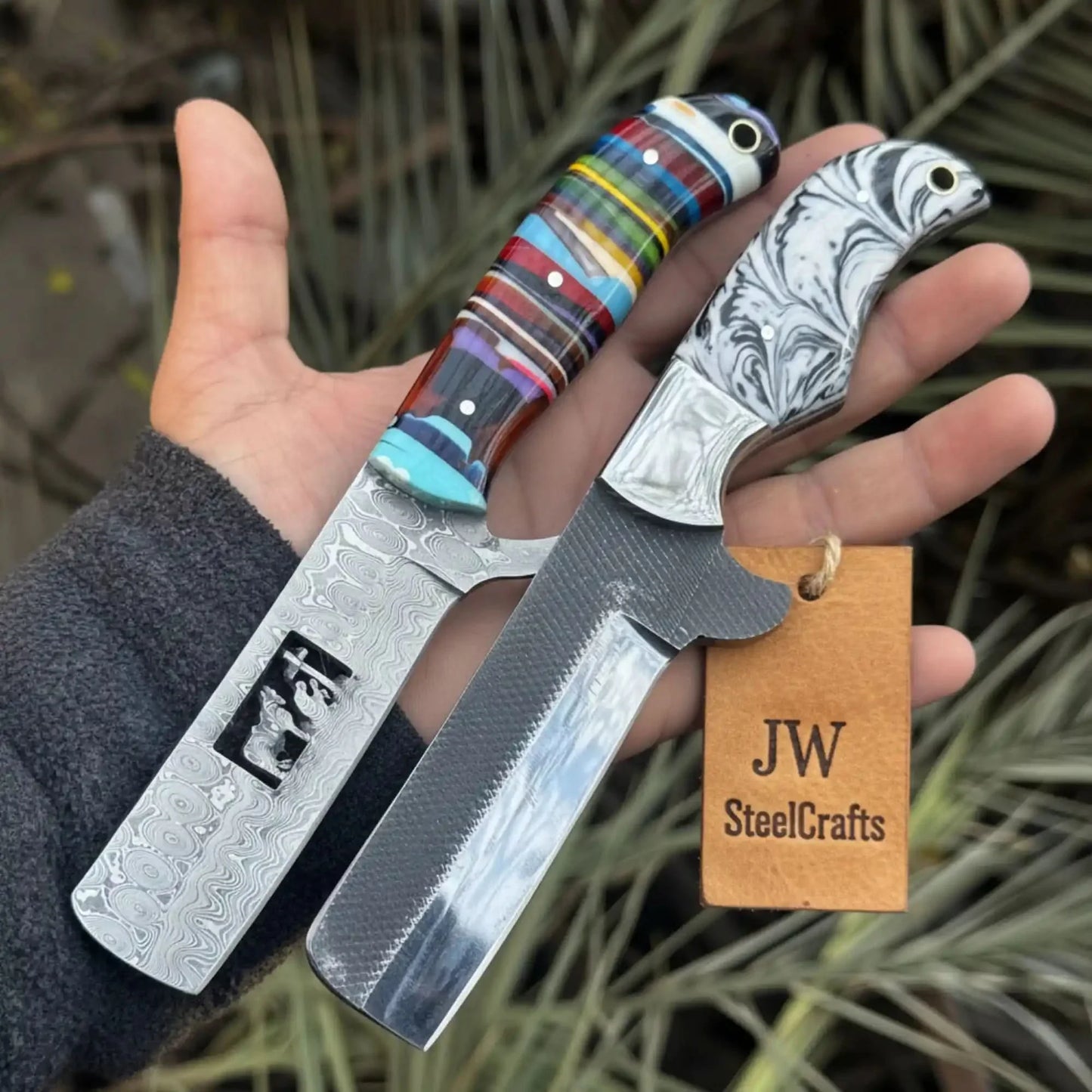 2-Piece Fixed Blade Knives Rasp Steel Cleaver Rainbow Resin Handle