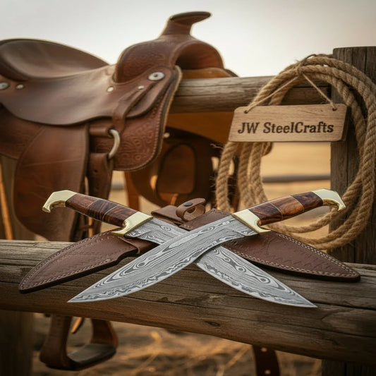 Ranchland Crossed Kukri Set 20" Handmade Damascus Steel Knives with Leather Sheaths