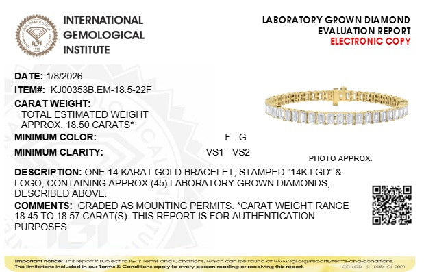 IGI Certified 14K Yellow Gold 18 1/2 Cttw Emerald Cut Lab Grown Diamond Tennis Bracelet