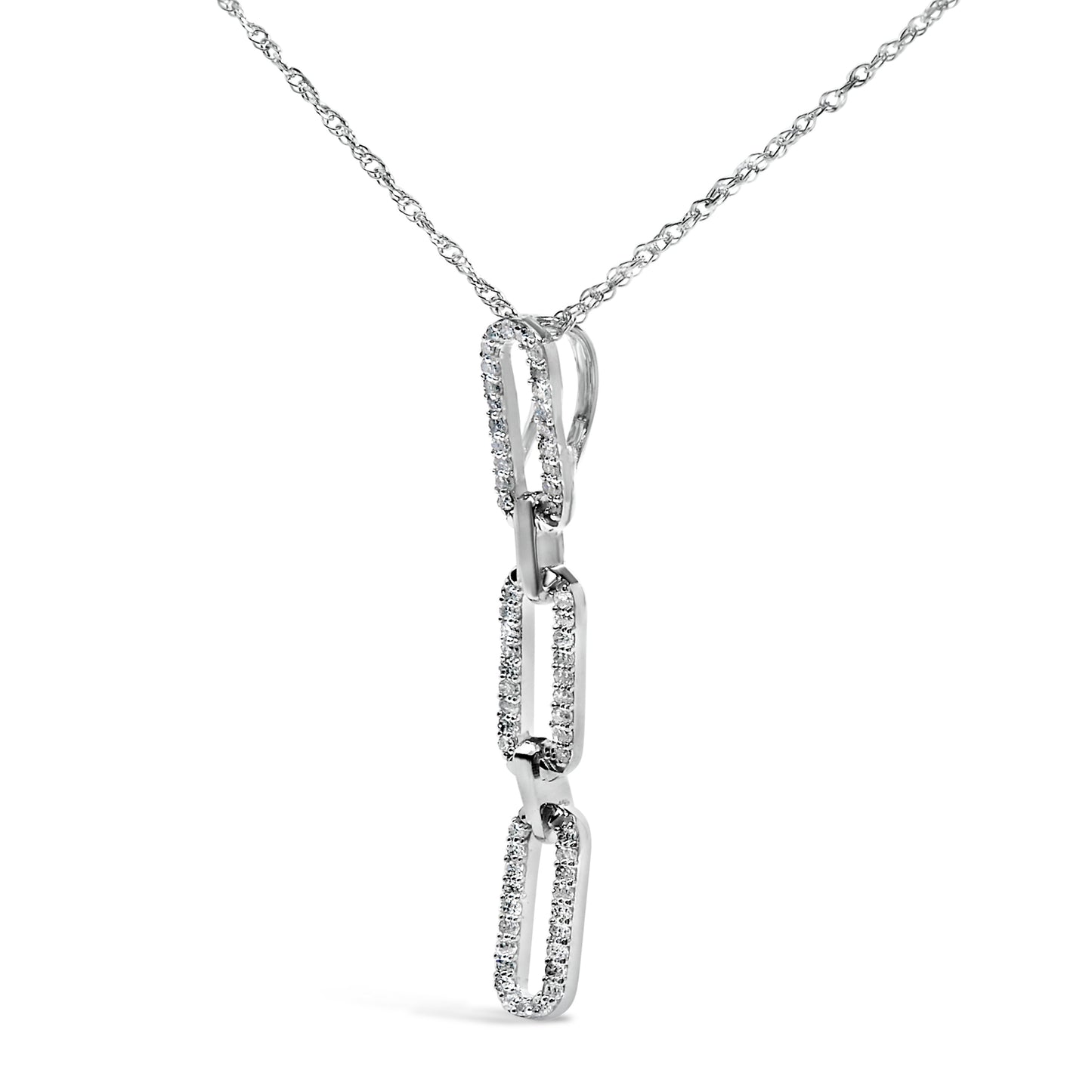 14K White Gold 1/10 Cttw Diamond Triple Paper Clip Pendant Necklace