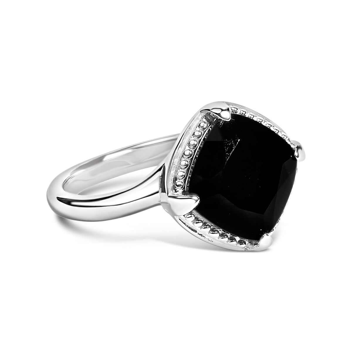 Sterling Silver Cushion Onyx 3-Piece Jewelry Set Ring Earrings Pendant 18 Inch Cable Chain