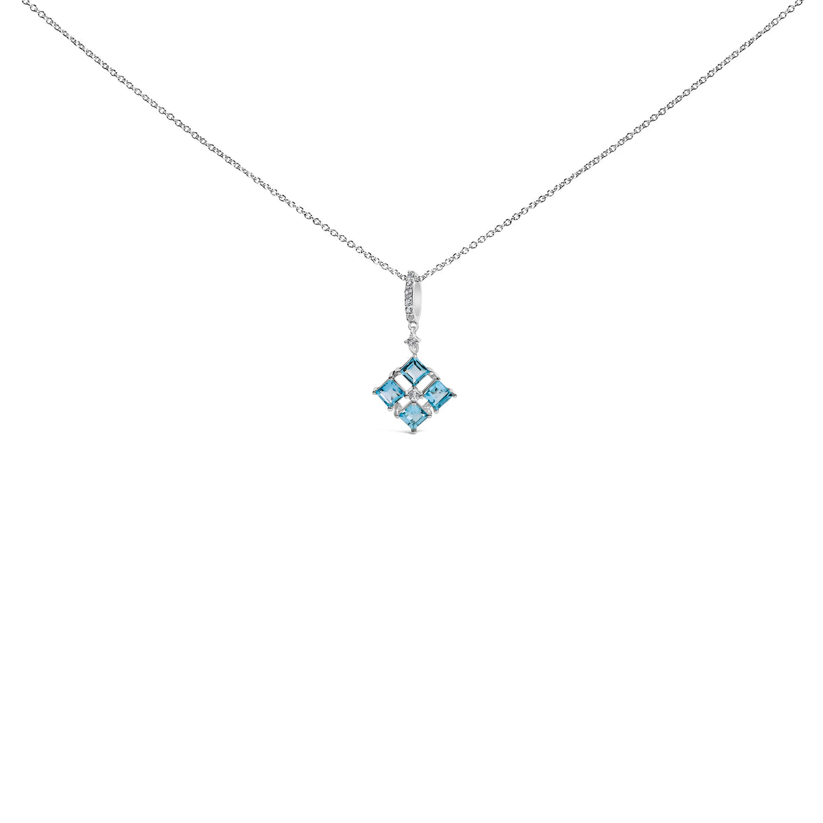 Sterling Silver Blue Topaz and White Sapphire Square Motif Pendant Necklace 18 Inch