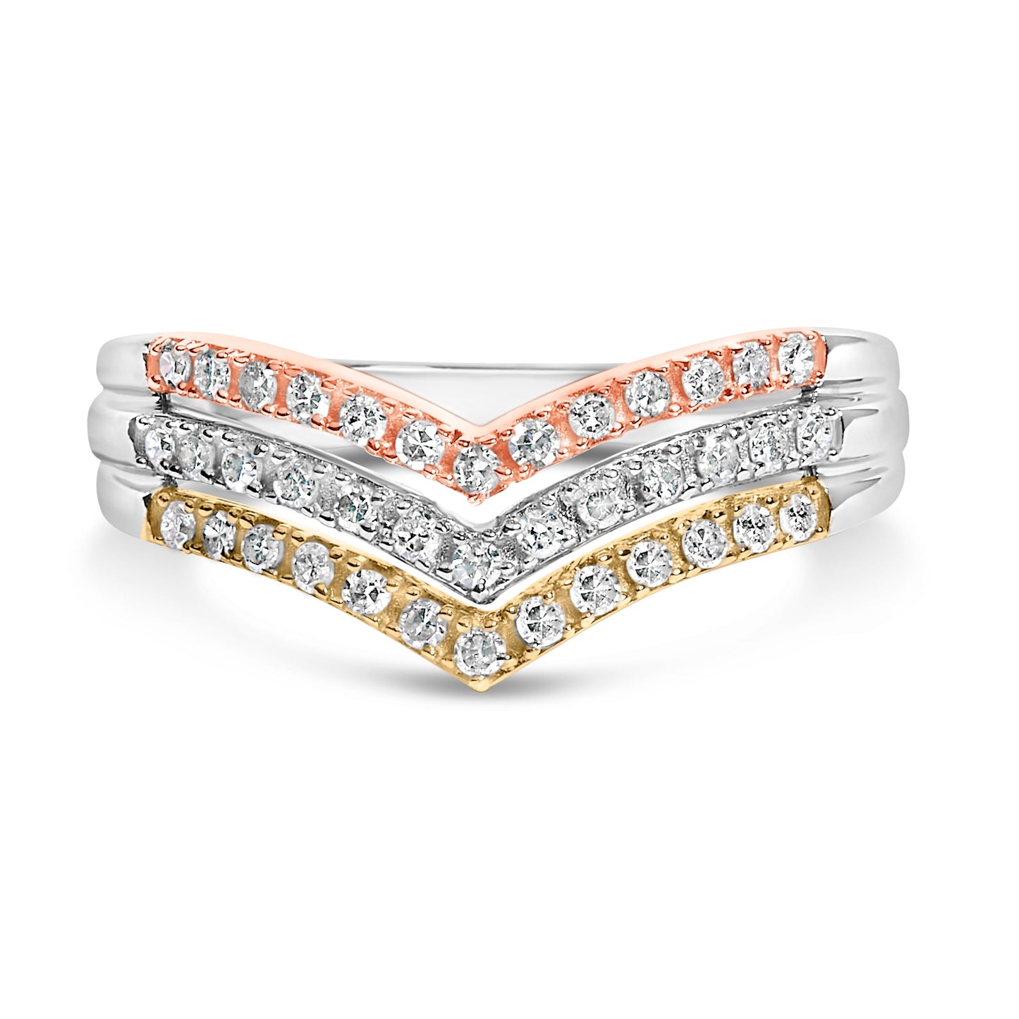 10K Gold Plated Sterling Silver 1/3 Cttw Tri-Color Chevron Diamond Stackable Ring
