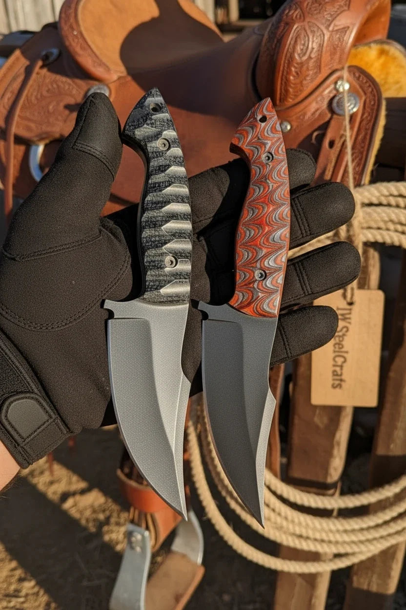 Black Powder-Coated Skinner Knife Pair 8.5” Damascus Steel Set